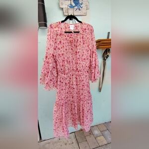 Misa Los Angeles Pink sheer Floral Ruffle Tiered Casual Dress